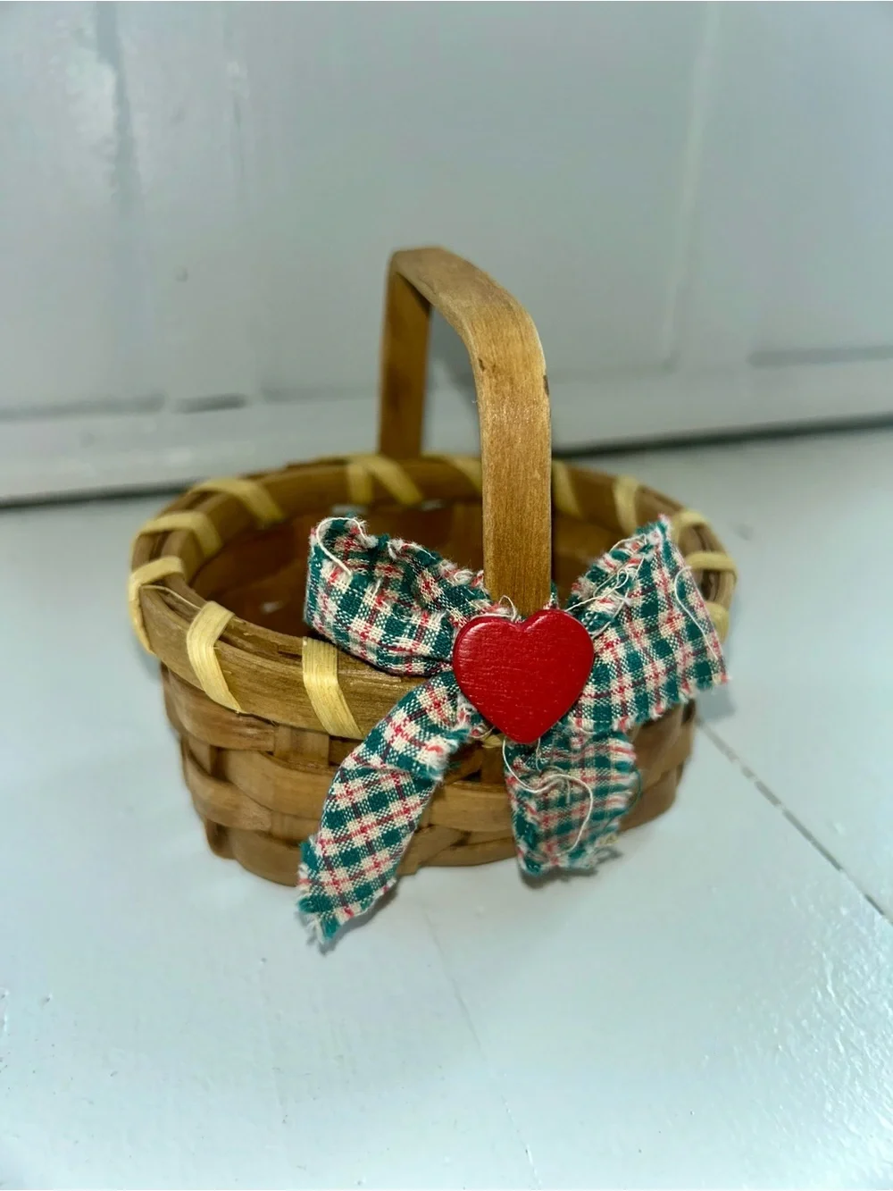 Handwoven Natural Wood Mini Basket with Red Heart Accent